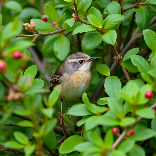 Wren nestled in dense garden shrub
