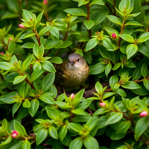 Wren nestled in dense garden shrub