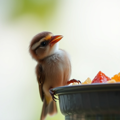 Young bird learning to eat independently