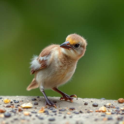 Young bird learning to eat independently