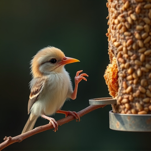 Young bird learning to eat independently
