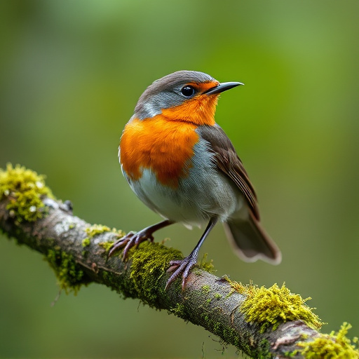Adult robin perched on mossy branch