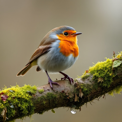 Adult robin perched on mossy branch