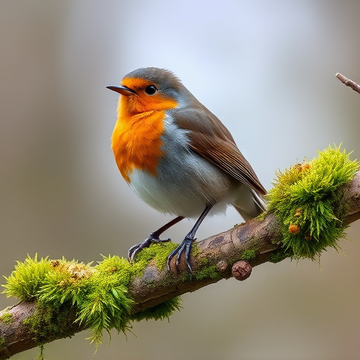 Adult robin perched on mossy branch
