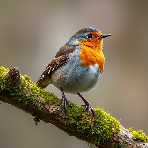 Adult robin perched on mossy branch