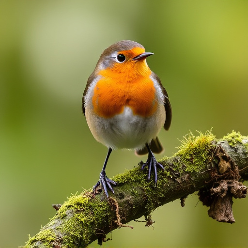 Adult robin perched on mossy branch
