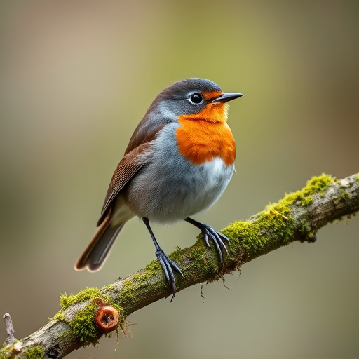 Adult robin perched on mossy branch
