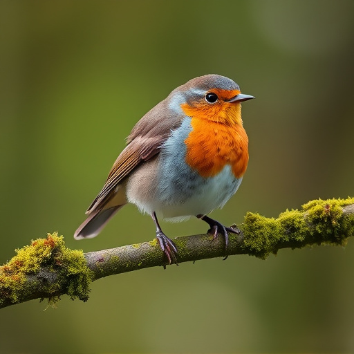 Adult robin perched on mossy branch