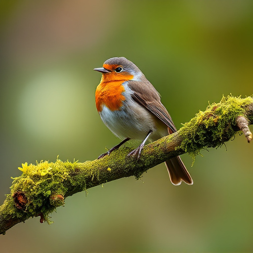 Adult robin perched on mossy branch