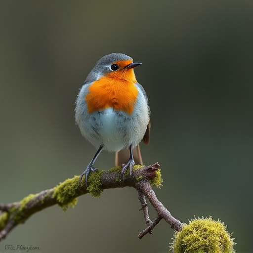 Adult robin perched on mossy branch