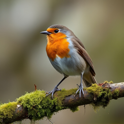Adult robin perched on mossy branch