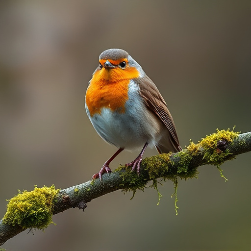 Adult robin perched on mossy branch