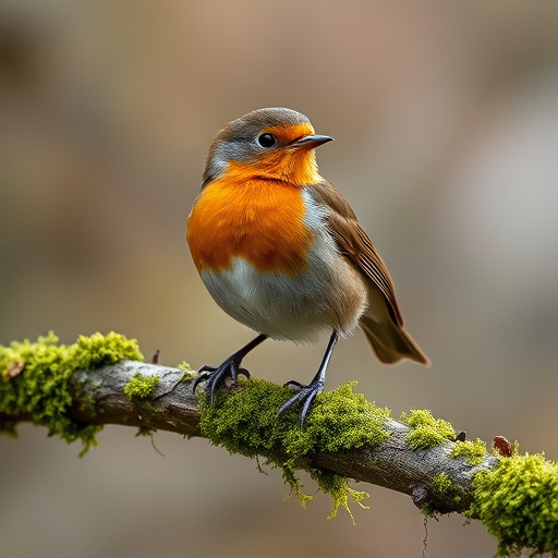 Adult robin perched on mossy branch