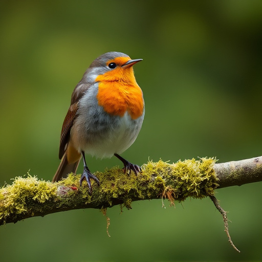 Adult robin perched on mossy branch