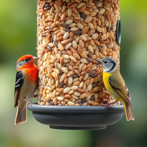Assorted seeds in feeder for wild birds