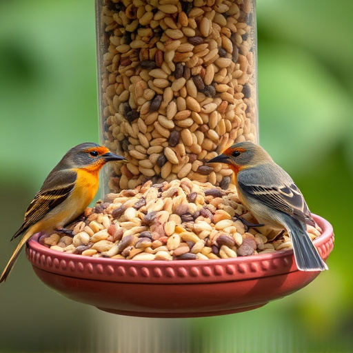 Assorted seeds in feeder for wild birds