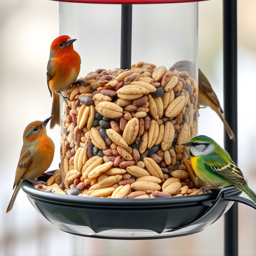 Assorted seeds in feeder for wild birds
