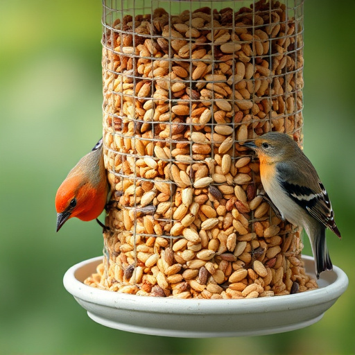 Assorted seeds in feeder for wild birds