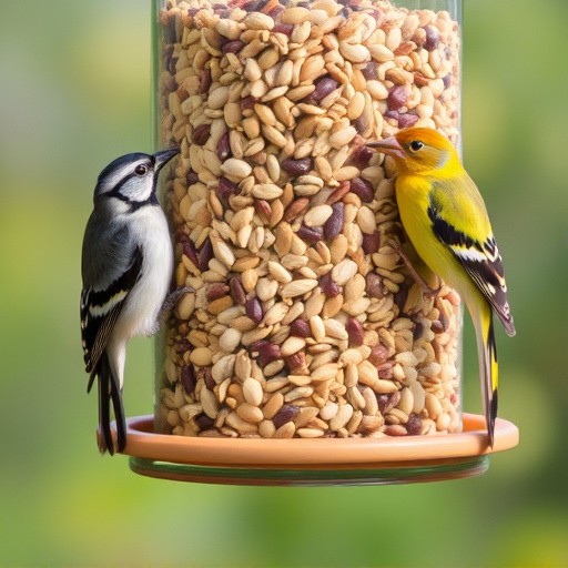 Assorted seeds in feeder for wild birds