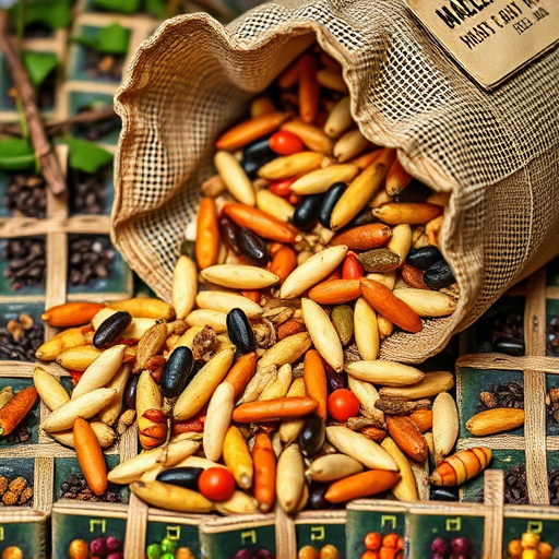 Assorted seeds spilling from bag outdoors