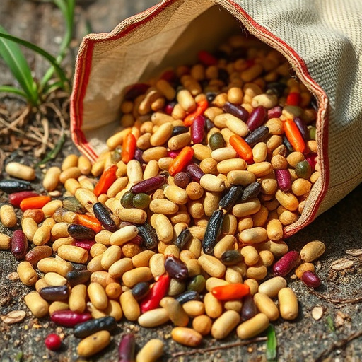 Assorted seeds spilling from bag outdoors