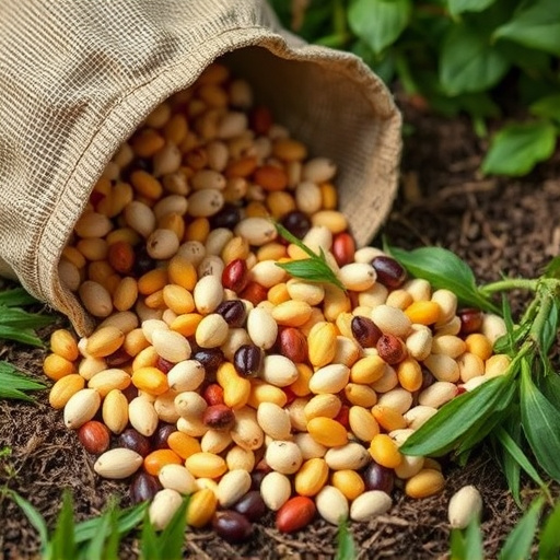 Assorted seeds spilling from bag outdoors