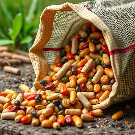 Assorted seeds spilling from bag outdoors
