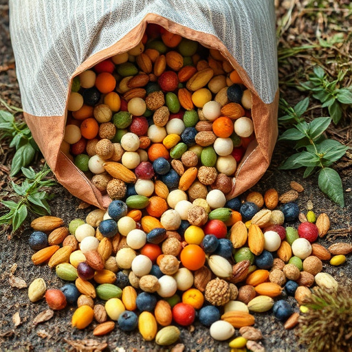 Assorted seeds spilling from bag outdoors