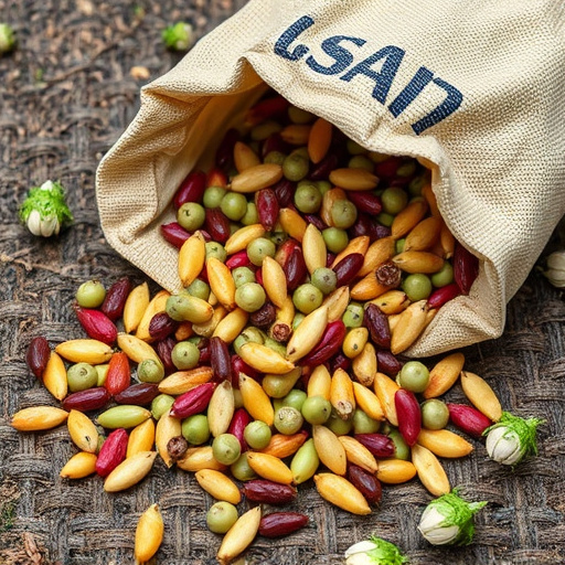 Assorted seeds spilling from bag outdoors