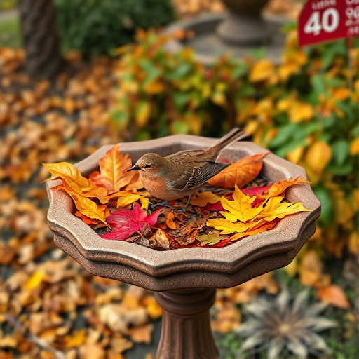 Bird bath filled with autumn leaves