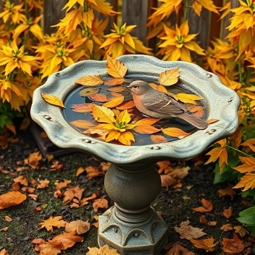 Bird bath filled with autumn leaves