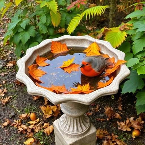 Bird bath filled with autumn leaves