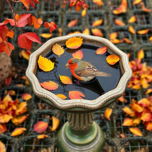 Bird bath filled with autumn leaves