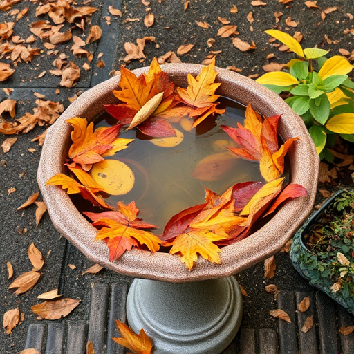 Bird bath filled with autumn leaves