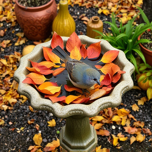 Bird bath filled with autumn leaves