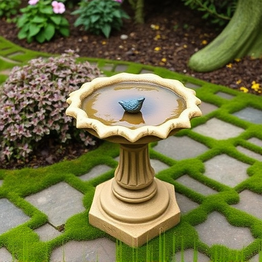 Bird bath set on mossy garden paving