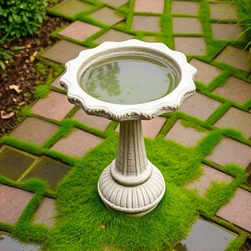Bird bath set on mossy garden paving