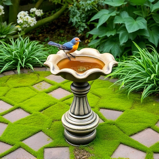 Bird bath set on mossy garden paving