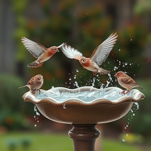 Bird bath with splashing sparrows mid-flight