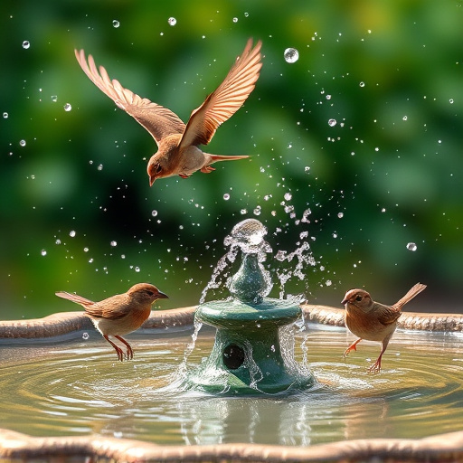 Bird bath with splashing sparrows mid-flight