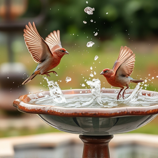 Bird bath with splashing sparrows mid-flight