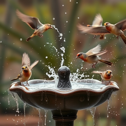 Bird bath with splashing sparrows mid-flight