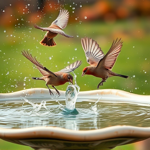 Bird bath with splashing sparrows mid-flight