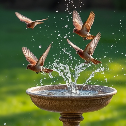 Bird bath with splashing sparrows mid-flight