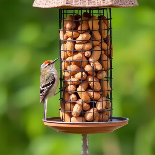 Bird feeder filled with peanuts outdoors