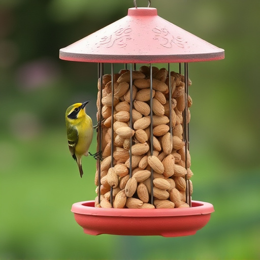 Bird feeder filled with peanuts outdoors