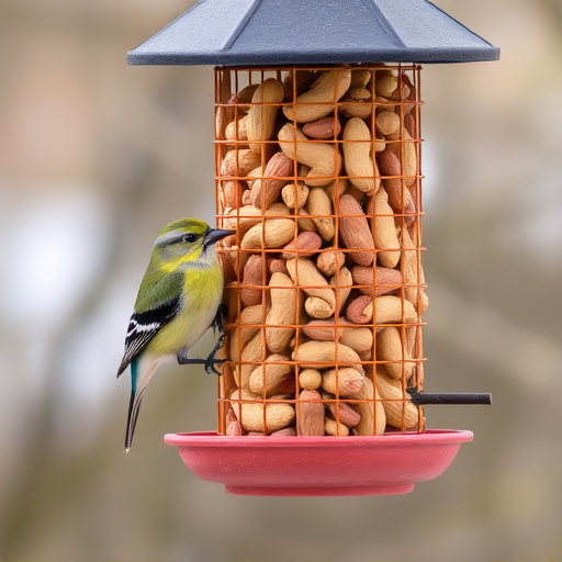 Bird feeder filled with peanuts outdoors
