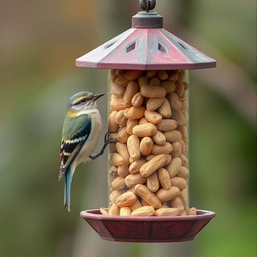Bird feeder filled with peanuts outdoors