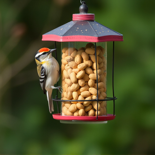 Bird feeder filled with peanuts outdoors