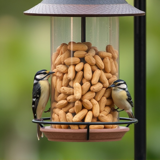 Bird feeder filled with peanuts outdoors